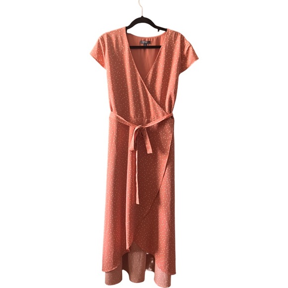 Madison Dresses & Skirts - 💥CLEARANCE - Pink Polka Dot Faux Wrap Dress